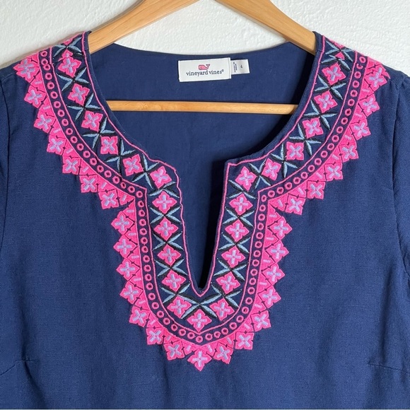 Vineyard Vines Navy Embroidered Dress Pink Geometric Cotton Linen Blend Size 4 - Picture 7 of 14
